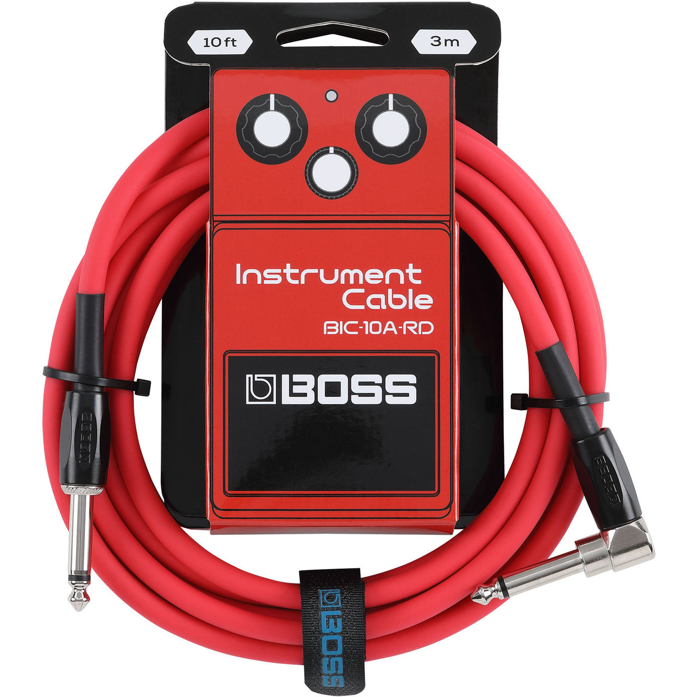 Boss BIC-10A-RD Instrument Cable, 10ft/3m, Angled/Straight 1/4" Jack, Red