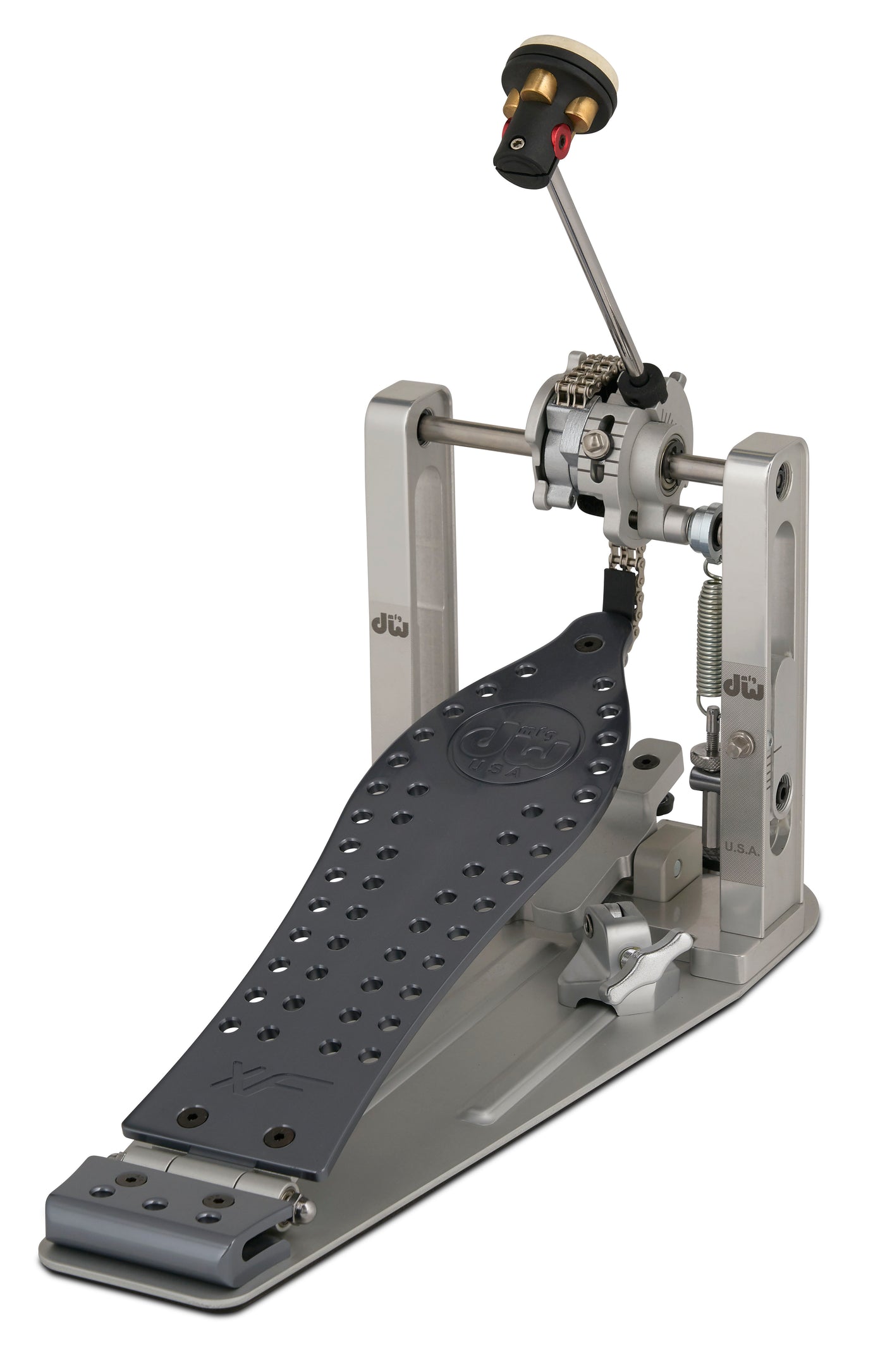 DW Drums MFG Series Machined Chain Drive Single Bass Drum Pedal with Extended Footboard, Polished Aluminum