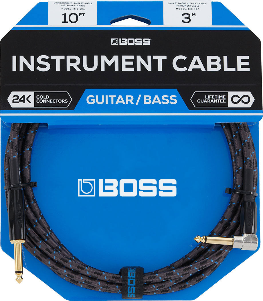 BOSS BIC-10A Instrument Cable, 10ft/3m, Angled/Straight 1/4" Jack