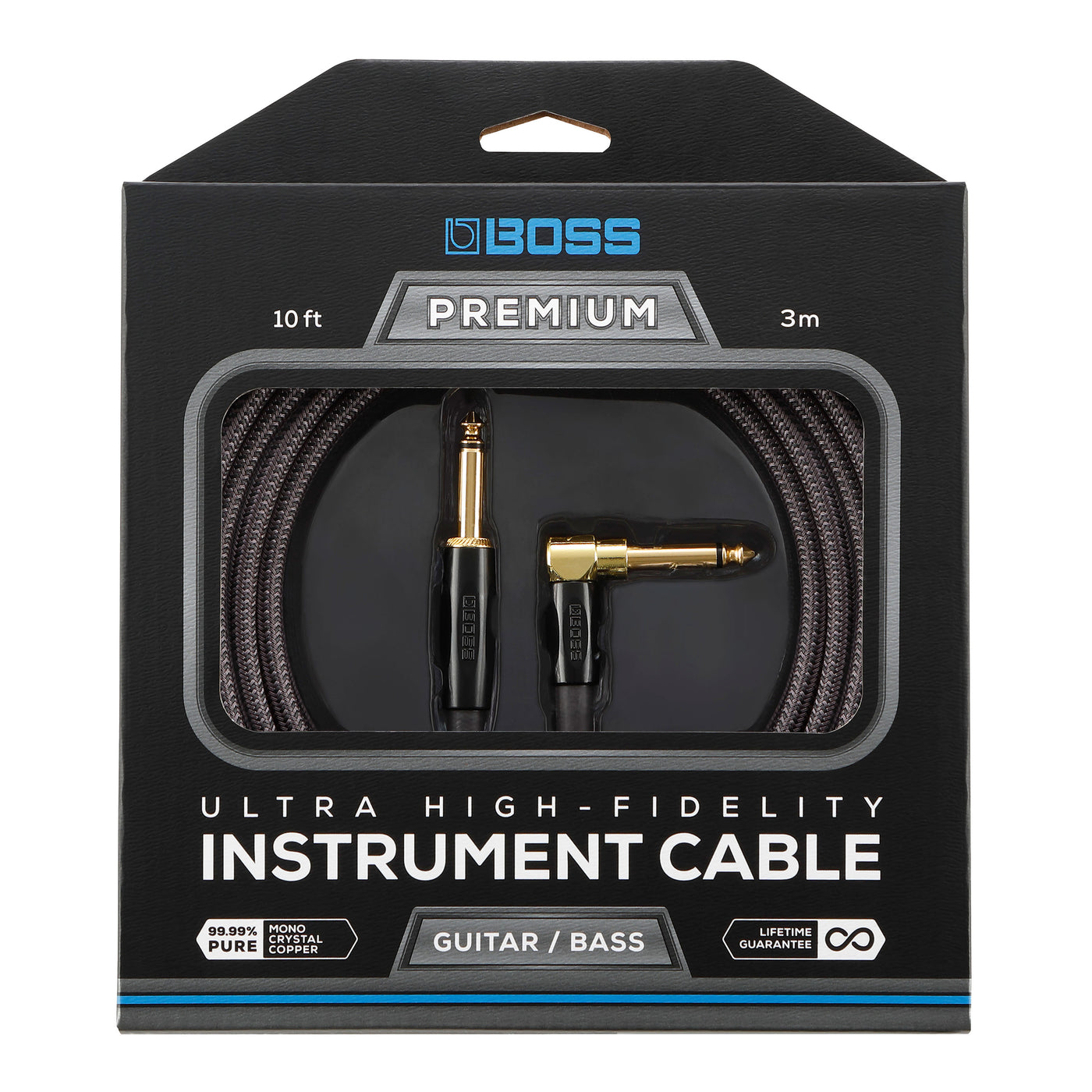 Boss BIC-P10A Premium Standard Instrument Cable, 10ft/3m with 1 Straight, 1 Angled Jack