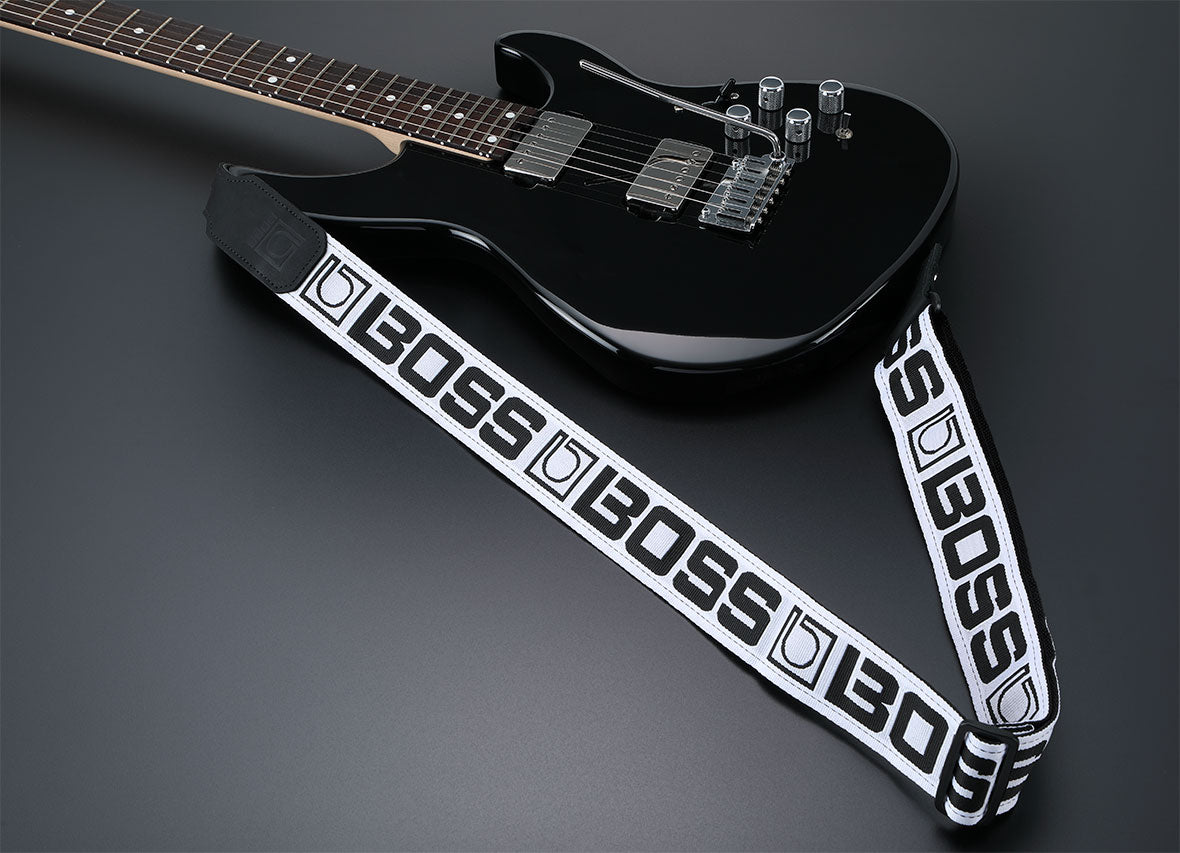 BOSS BSM-20-WB Monogrammed Guitar Strap, White With Black Logo